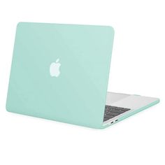 an apple macbook air laptop computer on a white background, with the cover open