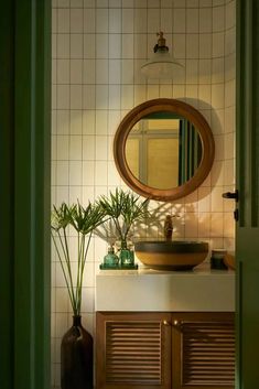 a bathroom with a sink, mirror and potted plants