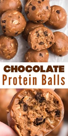 chocolate protein balls are stacked on top of each other with the words, chocolate protein balls