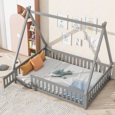 Full Size Tent-Shaped Floor Bed With Guardrails, Slats and Door Wood Tent, Twin House Bed, House Beds For Kids, Teepee Bed, Floor Bed Frame, Studio Floor, House Frame Bed, Bed Wood, Crib Toddler Bed