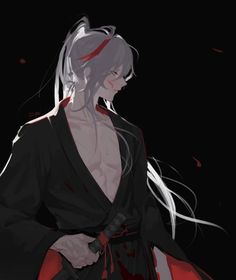 an anime character with long white hair wearing a black robe and holding a knife in her hand