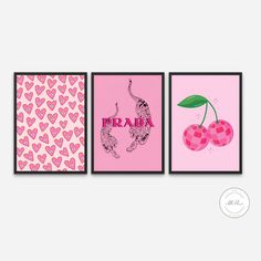 three pink posters with hearts and cherries on them