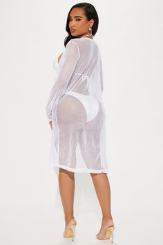 Available In Black And White. Cover Up Kimono Open Front Long Sleeve Midi Length Sheer Fishnet Full Stretch Final Sale 90% Polyester 10% Spandex Imported | Beach Front Breeze Fishnet Cover Up Kimono in White size Large by Fashion Nova Cover Up Kimono, Search By Photo, White Cover Up, White Cover, Woman Beach, Long Sleeve Midi, Matching Dresses, White Fashion, Midi Length