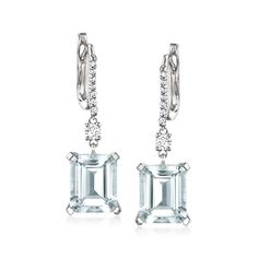 Ross-Simons - 6.25ct t. w. Aquamarine Drop Earrings in .27ct t. w. Diamonds in 14kt White Gold. Whether you're looking for lighthearted gemstone color or a special March birthstone style, our glamorous 6.25 ct. t. w. emerald-cut aquamarine drop earrings are a stunning choice by all accounts. Sparked with .27 ct. t. w. round brilliant-cut diamonds and set in polished 14kt white gold. Hanging length is 1". Hinged post, diamond and aquamarine drop earrings. Aquamarine birthstones are the perfect gi Gia Certified Drop Diamond Earrings For Formal Occasions, Formal Platinum Baguette-cut Earrings, Formal Platinum Baguette Cut Earrings, Formal Baguette Cut Platinum Earrings, Gia Certified Fine Jewelry Earrings For Formal Occasions, Gia Certified Diamond Earrings For Formal Events, Gia Certified Formal Drop Earrings, Gia Certified Dangle Earrings For Formal Events, Gia Certified Dangle Earrings For Formal Occasions