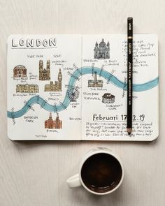 a cup of coffee next to a notebook with london drawn on it and a pencil