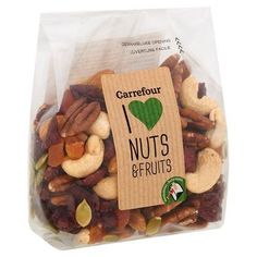 a bag filled with nuts and raisins