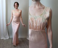 "Amazing 1930s nightgown that can be worn as a dress! Done in a peachy rayon with ecru lace detailing. Ruched and gathered bust, high curved waist and bias cut skirt with attached ties. Brand: unknown Size on tag: 36 Fits like: small Color: peach Material: silky rayon, lace Condition: Excellent Vintage: ✂-----Measurements: (bias cut and very stretchy) Bust (underarm seam) : 36\" Waist: 28\"+ Hips: 36\" + Total length: 62\"" Spring Fitted Nightgown With Lace Trim, Fitted Cream Nightgown In Feminine Style, Fitted Feminine Cream Nightgown, Feminine Fitted Cream Nightgown, Fitted Sleeveless Vintage Nightgown, Fitted Cream Nightgown With Lace Trim, 1930s Nightgown, Pin Up Swimsuit, Nightgown Dress