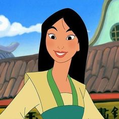 an animated image of a woman with long black hair wearing a green and yellow dress