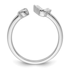 Rhodium over 14K white gold initial "V" open design accomodates sizes 5 thru 9 for this adjustable ring with 0.165 cttw lab grown diamonds and polished finish. Band width measures approximately 1/16". Lab grown diamonds are of VS/SI clarity and GH color grade. White Gold Open Ring Initial Fine Jewelry, White Gold Initial Open Ring, White Gold Open Initial Ring, Initial Open Ring With Diamond Accents, Adjustable White Gold Initial Open Ring, Lab-grown Diamond Rings For Gifts, Classic Gia Certified Lab-grown Diamond Ring, Exquisite Lab-grown Diamond Ring In Diamond White, Gia Certified Lab-grown Diamond White Diamond Ring