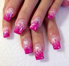 Short Square Acrylic Nails Glitter Tips, Fuschia Ombre Nails, Pink Sparkle French Tip Nails, Hot Pink Ombre Nails, Sparkly Ombre Nails, Pink Tip Nails, Purple Ombre Nails, Shakshuka Recipes, Crazy Nail Designs