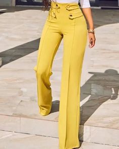 Lasaky - High Waisted Buttoned Wide Leg Pants Wide Leg Tailored Pants, Bell Bottom Pants Outfit, Button Pants, Slacks For Women, Yellow Pants, High Waist Wide Leg Pants, Cooler Look, Pantalon Large, Trend Fashion