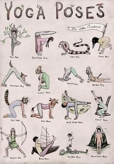 an old poster with yoga poses and their names on it's front cover,