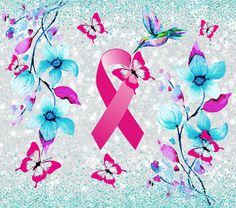 a pink ribbon with blue flowers and butterflies around it on a silver background that has sparkles