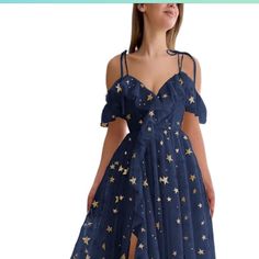 Never Worn. Floor Length For Someone About 5’6” Who Is Wearing Heels. Navy Blue With Gold And Silver Stars On Tulle. Off The Shoulder, Laces Up In Back To Make Smaller If Needed. Padded Bust So No Bra Needed! The Amazon Seller Said It Was Size “0” (See Pic Of Sizing Highlighted In Green) But Seems Like This Translates Into About A Size 6? Colorful Dresses Formal, Amazon Seller, Silver Stars, Formal Dress, Gold And Silver, Floor Length, Strapless Dress, Off The Shoulder, Navy Blue