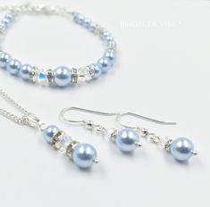 'Louisa' Light Baby Blue Shade Jewellery Set  - Available separately in the purchase options If your are having a silver colour scheme these are lovely to  compliment   Earrings, Necklace and Bracelet Perfect Bridal jewellery or gifts for your bridesmaids, making it a lovely keepsake.   Each will be placed an organza gift bag. Any questions, please do not hesitate to contact me Blue Jewellery Set, Baby Blue Jewelry, Light Blue Bracelet, Blue Jewelry Set, Blue Jewellery, Silver Color Scheme, Set Bracelet, Silver Colour, Jewellery Set