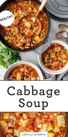 cabbage soup in a pot with the title above it and an image of two bowls