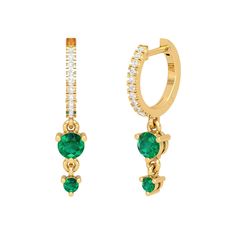 14K yellow gold full cut diamond studded handmade small hoops. Dangling emeralds add exceptional beauty to the design. Gross Wt: 0.908gms  Gold Wt: 0.7810 gms Diamond Wt: 0.11 cts  Emerald Wt: 0.38 cts Size: 20.4X4.1 mm Diamond Quality: White Full Cut Diamond Gold Emerald Earrings With Brilliant Cut, Green Huggie Earrings With Prong Setting, Green Hoop Earrings With Prong Setting, Yellow Gold Emerald Hoop Earrings For May Birthstone, Emerald Yellow Gold Hoop Earrings For May Birthstone, Emerald Yellow Gold Diamond Earrings, Green Diamond Hoop Earrings Fine Jewelry, Yellow Gold Emerald Hoop Earrings Fine Jewelry, Emerald Yellow Gold Diamond Earrings Fine Jewelry