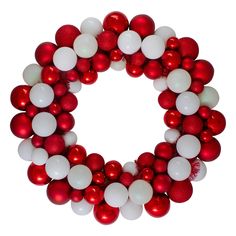 a red and white christmas ornament wreath on a white background with balloons in the shape of a letter o