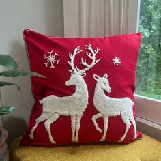 Red and White Winter Deer Winter Deer, Rustic Holiday Decor, Winter Szenen, Embroidered Throw Pillows, White Pillow Covers, Embroidered Pillow Covers, Festive Holiday Decor, Deer Design, Rustic Holiday