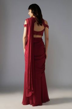 Red solid pre-draped saree.Comes with padded off shoulder blouse embellished by sequin and bead geometric patterns. - Aza Fashions Fitted Silk Dupatta Draped, Fitted Silk Pre-draped Saree With Draped Sleeves, Formal Pre-draped Saree With Pallu, Traditional Saree With Draped Sleeves For Evening, Fitted Silk Saree With Cape Sleeves, Designer Silk Pre-draped Saree, Formal Saree With Draped Sleeves And Traditional Drape, Pre-draped Saree With Resham Embroidery, Elegant Red Choli With Traditional Drape