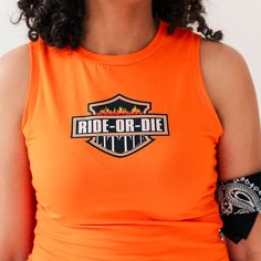 Hit the road in style with our Ride or Die Drawstring Tank Top! This sleeveless crop top features a bold orange color and a unique drawstring design. Perfect for showing your loyalty to your sorority, this shirt is a must-have for any biker themed reveal. Get ready for your big little reveal in this fun top. * Models are wearing Medium *