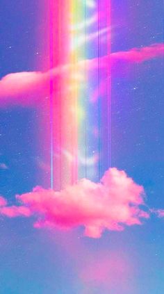 the sky is filled with colorful clouds and rainbows as if they were floating in space