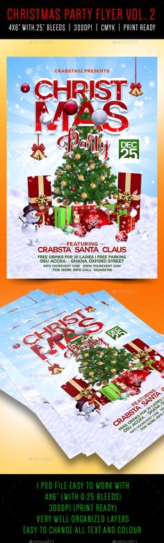 a christmas party flyer with presents on it and an image of a tree in the snow