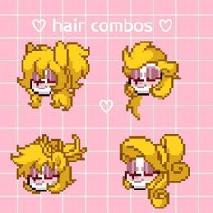 four different images of the same character in pixel art style, with text that reads hair combos