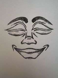 a black and white drawing of a smiling face