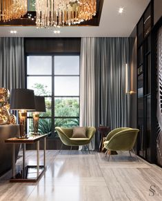 a living room filled with furniture and a chandelier