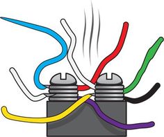 an electrical device with three wires attached to the top and two different colored wires connected to each other