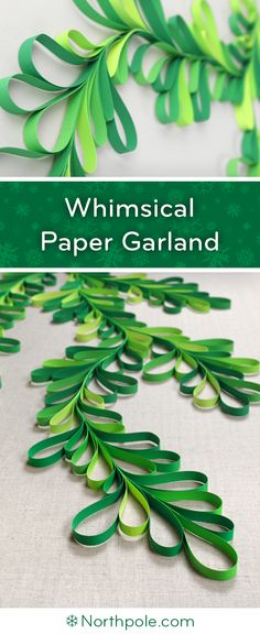 paper garland with green leaves and snowflakes in the background text reads whimsical paper garland