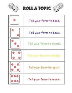 roll a topic game with four dices on it and the words tell your favorite food