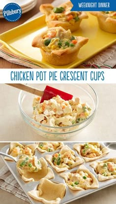 chicken pot pie crescent cups with text overlay