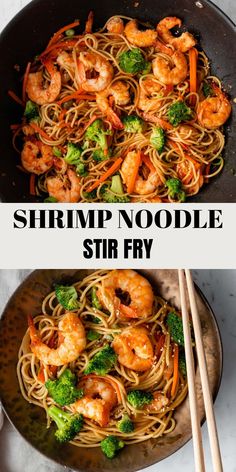 shrimp noodle stir fry with broccoli and carrots in a skillet