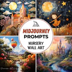 four different paintings with the words mid - journey promps nursery wall art