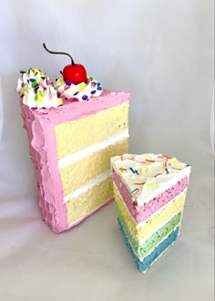 a slice of cake with a cherry on top is next to the rest of the cake