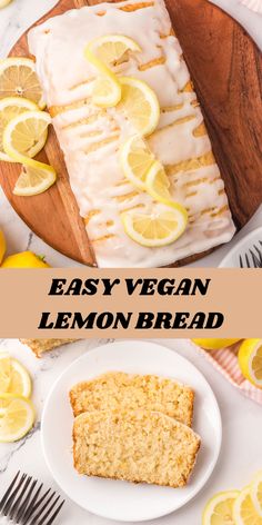 easy vegan lemon bread on a white plate with sliced lemons next to it