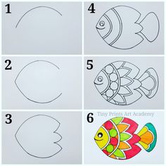 step by step instructions on how to draw a fish for kids with pictures and text below