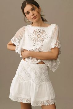 Unique Women Tops, White Ruffle Blouse, Homecoming Dresses Tight, White Lace Blouse, Anthropologie Top, Cotton Viscose, Kids Fashion Girl, Lace Blouse, Long Sleeve Lace