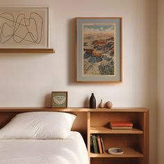 a bedroom with a bed, bookshelf and pictures on the wall above it