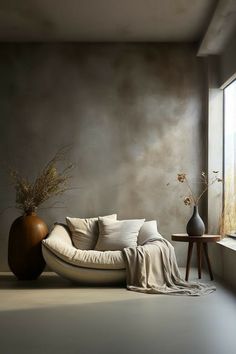 a living room filled with furniture next to a window and a vase on top of a table