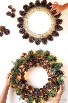 two hands are holding pine cones and wreaths with lights on the top, while another hand is reaching for one