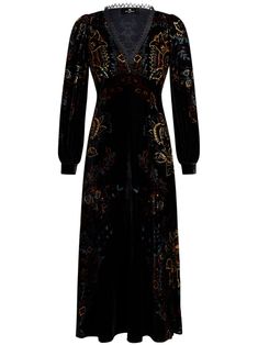 black/multicolour velvet floral print V-neck floral print long sleeves flared hem Wizardcore Fashion, Etro Dresses, Velvet Dress Black, Etro Dress, Floral Velvet Dress, Fashion Closet, City Dress, Black Velvet Dress, Witchy Woman