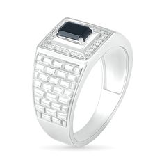 Pique his interest with this edgy fashion ring. Crafted in sterling silver, this choice features a 6.0 x 4.0mm emerald-cut rich black lab-created spinel. A rectangle-shaped frame of diamonds and a beveled polished border surround the center stone. The brick-patterned shank adds eye-catching texture to the design. Radiant with 1/15 ct. t.w. of diamonds and a brilliant buffed luster, this ring is a handsome look he can wear with anything. Sterling Silver Signet Ring With Accent Stones, Modern Sapphire Ring With Diamond Accents, Modern Sterling Silver Diamond Ring With Accent Stones, Modern Sterling Silver Diamond Ring, Modern Silver Signet Ring With Prong Setting, Modern White Gold Sapphire Ring With Diamond Cut, Modern Sterling Silver Sapphire Ring, Silver Sterling Signet Ring With Accent Stones, Modern Silver Diamond Ring With Accent Stones