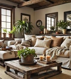 a living room filled with lots of furniture and plants on top of it's tables