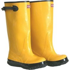 Boss heavy duty rubber over-the-shoe slush knee boot 17 In. yellow. Applications include construction, road work, utilities, environmental cleanup and remediation. Bar-tread non-slip outer sole. Fabric lined. Top strap & buckle. Size: 17" x 15" x 4".  Gender: unisex.  Age Group: adult. Yellow Rain Boots, Road Work, Knee Boot, Knee Boots, Rain Boots, Size 16, Age Group, Heavy Duty, Buckle