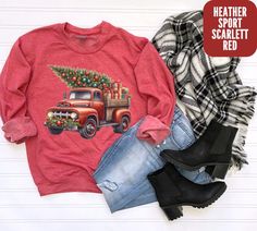 Vintage Red Truck Christmas Sweatshirt with Gorgeous Decorated Tree - Winter Country Scene Introducing our charming vintage red truck with a Christmas tree sweatshirt, perfect for adding a festive touch to your winter wardrobe! This cozy sweatshirt features a beautifully decorated old red truck with a Christmas tree sticking out of the back, complete with garland and bulbs for a gorgeous holiday look. The scene is set in a winter country setting, making this unique sweatshirt a delightful choice Family Sweaters, Old Red Truck, Family Sweater, Red Truck Christmas, Christmas Red Truck, Vintage Red Truck, Unique Sweatshirt, Tree Winter, Sweatshirt Vintage