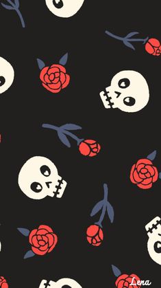 a black background with skulls and roses on it