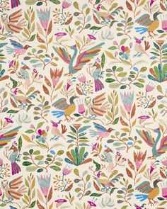 a white wallpaper with colorful birds and leaves on the top, in various colors